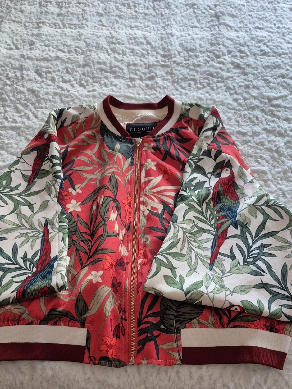 Eloquii Coral Tropical Crop Bomber Jacket with contrasting Cream Sleeves